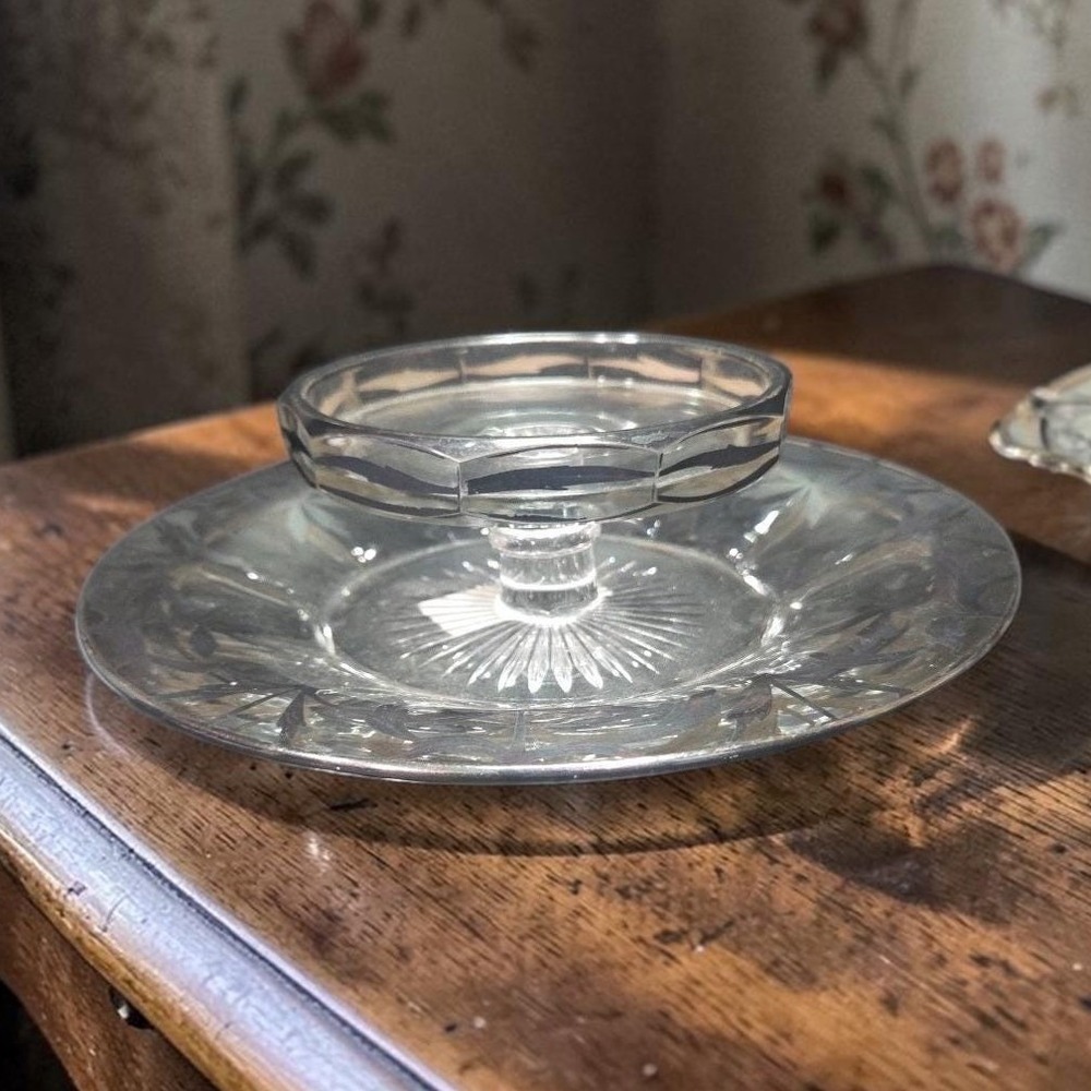 Heisey Silver Inlay Cheese & Cracker Serving Platter, Vintage Centerpiece Plate